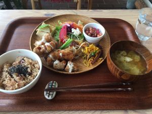 The full meal--soup, rice, protein, and a couple of small vegetable dishes. at Noppokun in Nonoichi