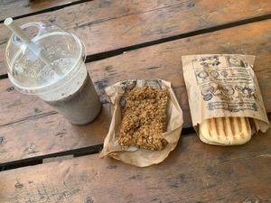 A vegan oreo milkshake with a vegan tofu panini and a vegan flat jack at Rivers Coffee Shop in Limeuil