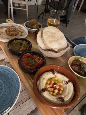 Massive tray of vegan food  at Shakshuka Restaurant and Bar in The Hague