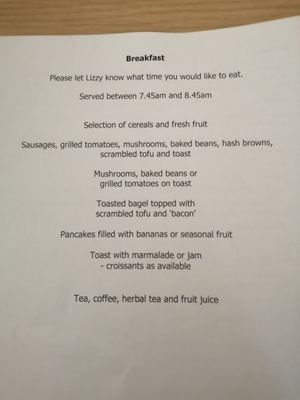 The breakfast menu at Our Lizzy Cookery Courses in Malvern