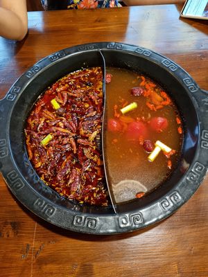 Hot pot with spicy and tomato soup at Shu in Florence