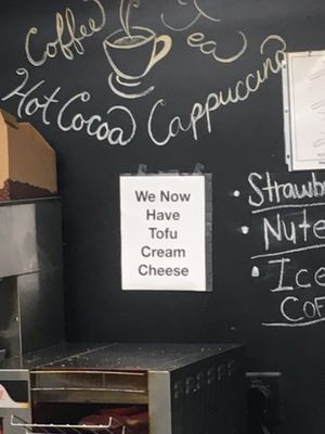 (Aug 2021) we now have tofu cream cheese at Monticello Bagel Bakery in Monticello
