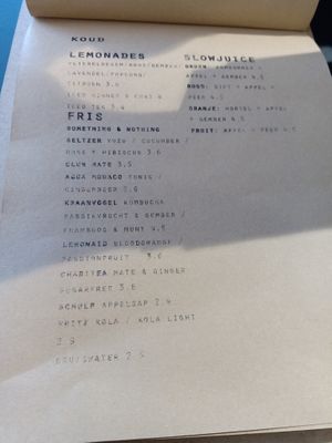 Juice, lemonade and soft drinks menu at PUCK specialty coffee in Nijmegen