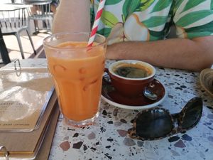 Carrot-apple-ginger slowjuice, and very good coffee! at PUCK specialty coffee in Nijmegen