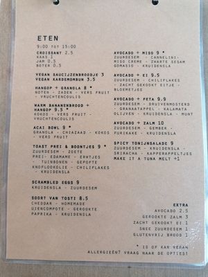Food menu at PUCK specialty coffee in Nijmegen