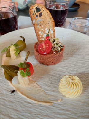 "Tartar Vegan" made from soy with pickles, carrots, parsnips, capers, margarine - comes with toast (18.90) at Baumbar in Kaprun