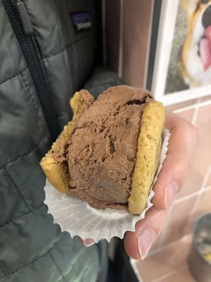 Peanut butter cookie with chocolate pb ice cream  at Innocent Ice Cream Parlour in Vancouver