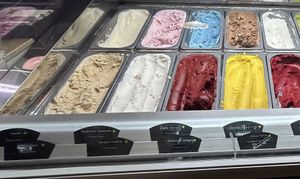 All vegan and clearly marked. Dairy is about half and none are showing in this photo.   at Innocent Ice Cream Parlour in Vancouver