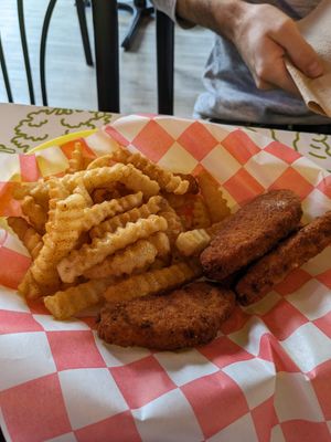 Chicken tenders and fries (old bay seasoning) at Mike's Vegan Grill in Greensboro