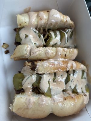 Cheese steak + pickles   at Mike's Vegan Grill in Greensboro