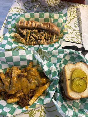 Patty melt, steak n cheese, loaded fries. So yummy!!!  at Mike's Vegan Grill in Greensboro