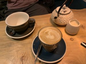 Soya latte and tea with oat milk  at Olive in Thurso