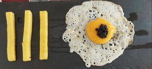 Looks like egg but is 100% vegan!  at Vis à Vis cucina&eventi in Orvieto