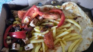 Salt and chilli tofu and roasted veg flatbread at Reggie's Cafe in Whitley Bay