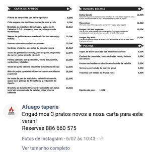 Carta a 9/7/2022 - fritura de verduritas, chilli e maruxiñas são veganos at Afuego tapería in O Grove