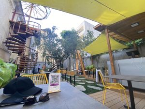 The courtyard catches the sun and is a peaceful place to meet friends and eat at Verv Kitchen in Bucharest