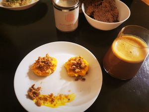 Seasonal food with pumpink and chocolate drink at Verv Kitchen in Bucharest
