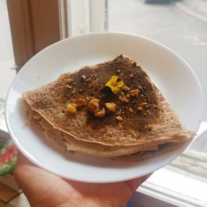 Gluten free crepe with salted date caramel, walnuts & cinnamon-lentil topping at Verv Kitchen in Bucharest