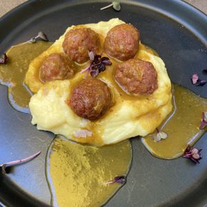 Beyond meat balls with purée   at Verv Kitchen in Bucharest