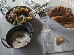 Israeli salad, hummus, and pita. at Grand Café in Hollywood