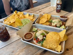 One Cauliflower and one sweet potato taco, plus chips and guacamole    at Taco Temple in Asheville