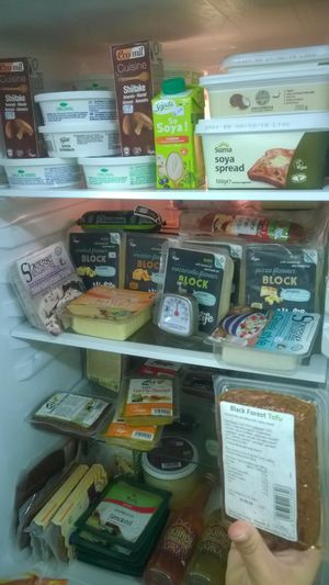 Deli fridge - tofu, cheeses, tofrutti, soya spread at Almonds and Raisins in Newcastle Upon Tyne