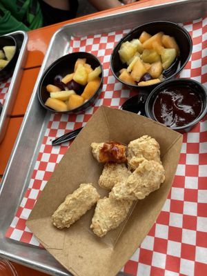 Kids meal with double fruit no fries… nuggets weren’t enough for my 6 year old  at Happy Chicks in Austin