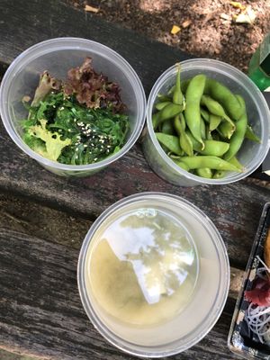 Wakame salad and edamame (good, but 4€ each is a bit much, edamame not rlly salty), free miso to lunch menu at VietPho Cuisine in Frankfurt