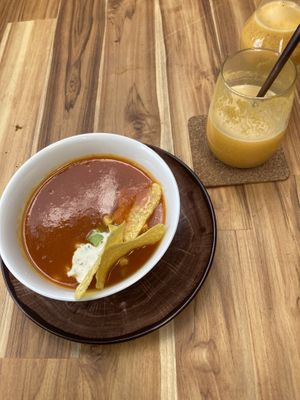 Soup and passion fruit juice   at AMA in Medellin