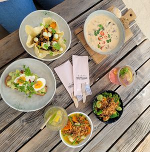 Tom Kha (Soup), Parpadam with beetroot, wasabi sauce and pumpkin, indonesian veggies (hot, in yellow curry sauce), green veggies (cold), - all vegan 
+ avocado toast (vegetarian) at Noosa in Zandvoort