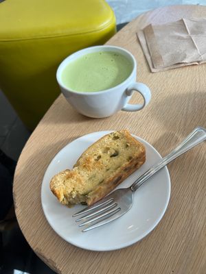 Oat matcha latte and jalapeño cornbread   at Wildflour Vegan Bakery and Juice Bar in Pawtucket