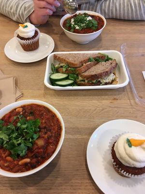 “Tuna” sandwich, vegan chili, and vegan carrot cake cupcakes! at Wildflour Vegan Bakery and Juice Bar in Pawtucket