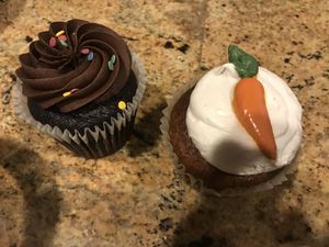 Chocolate and carrot cake cupcakes  at Wildflour Vegan Bakery and Juice Bar in Pawtucket