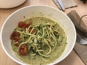 Spaghetti squash with tomatoes in a runny pesto based sauce    at Yum Baaar in Segovia