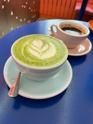 Matcha latte with oat milk and americano #Veganuary at Eklerownia in Gdansk