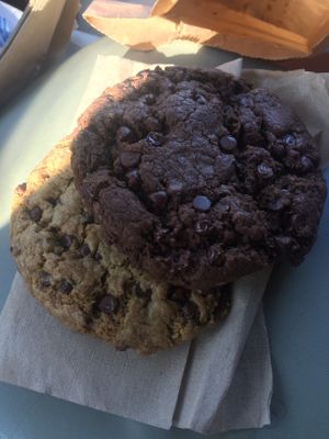 Vegan cookies. Double chocolate chip, as well as chocolate chip. The outer edges were crisp, and the centers were soft. The perfect cookie. A bit oily,but delicious. at Hip Vegan in Ojai
