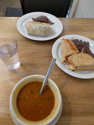 rueben, soup, and bean and rice burrito at Hip Vegan in Ojai