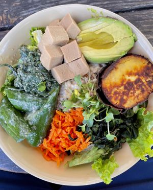 Wagamama bowl w/ japanese koya tofu (freeze dried). Wholesome and delicious although I would sub for the grilled tempeh. *The koya tofu is an acquired taste.   at Hip Vegan in Ojai