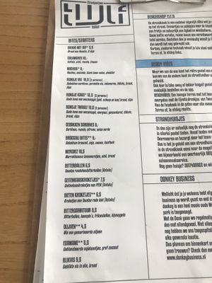 Menu at Strandpaviljoen Twaalf in Den Hoorn