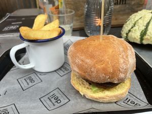 Portabella Mushroom burger and chunky fries   at Thornham Deli in Hunstanton