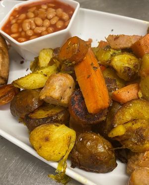Sausage and rasher bubble and squeak. Homemade vegan goodies ❤️ #Veganuary at The Bay Vegan Deli Coffee House in Sandown