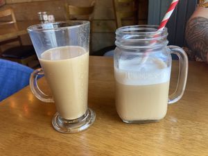 Pumpkin spice oat milk latte and pumpkin spice oat milk iced coffee  at The Bay Vegan Deli Coffee House in Sandown