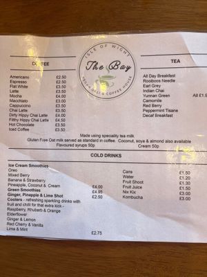 Drinks Menu at The Bay Vegan Deli Coffee House in Sandown