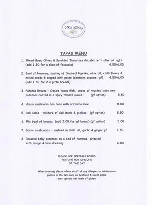 Tapas menu  at The Bay Vegan Deli Coffee House in Sandown