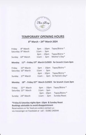 Temporary opening hours  at The Bay Vegan Deli Coffee House in Sandown