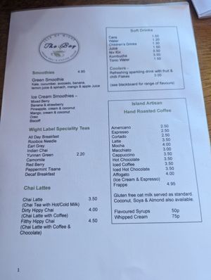 Drinks menu at The Bay Vegan Deli Coffee House in Sandown