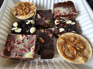 Home made vegan chocolates - biscoff & white choc, rocky road, pistachio & mandarin and  oreo at The Bay Vegan Deli Coffee House in Sandown