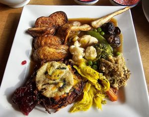 Rosti, roasties, veg, stuffing and gravy at The Bay Vegan Deli Coffee House in Sandown
