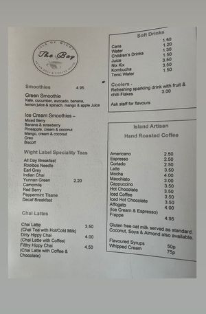 Soft drinks menu at The Bay Vegan Deli Coffee House in Sandown