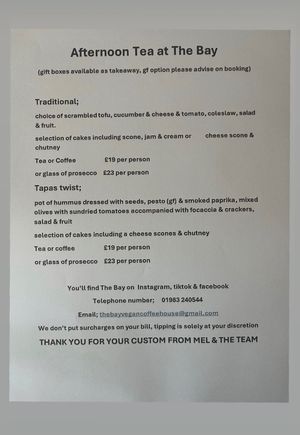 Afternoon tea menu at The Bay Vegan Deli Coffee House in Sandown